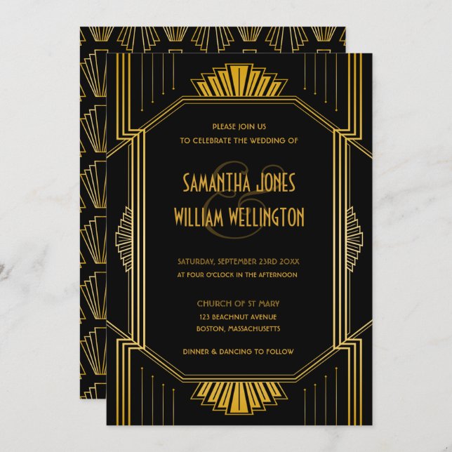 Convites Vintage Elegante Art Deco Casamento Dourado Negro (Frente/Verso)