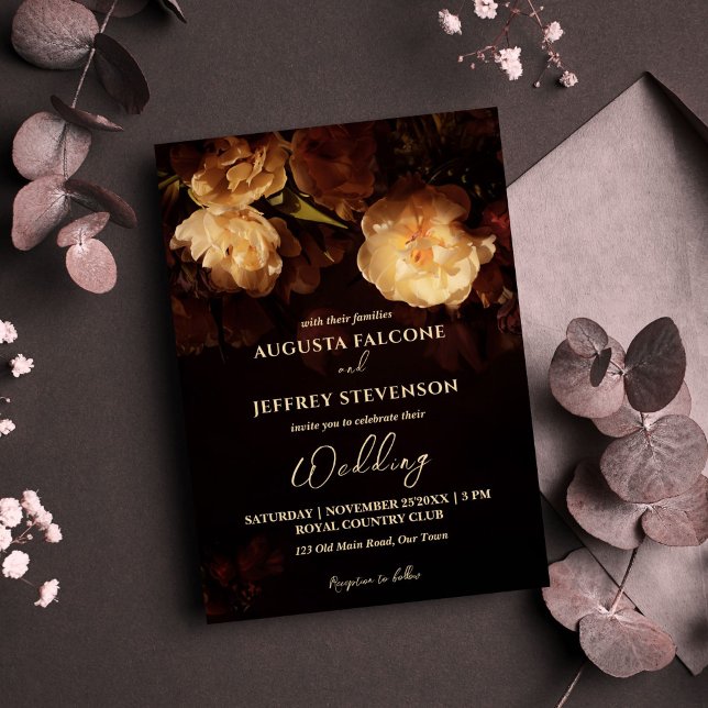 Convites Vintage elegante, tudo em um casamento (Dark moody vintage roses floral elegant all in one wedding invitation template instant download)