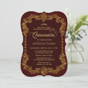 Convites Vintage Elegante Vermelho Dourado Tiara Quinceaner