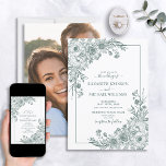 Convites Vintage Emerald Floral Line Art Casamento Fotográf<br><div class="desc">Apresentando nossa Vintage Emerald Green Floral Art Photo Wedding Invitation, a combinação perfeita de moderno e clássico! Este design espetacular apresenta a vintage line art floral arranjos de canto floral no eterno emerald green - perfeito para qualquer noiva que queira um olhar clássico com uma reviravolta moderna! A tipografia de...</div>