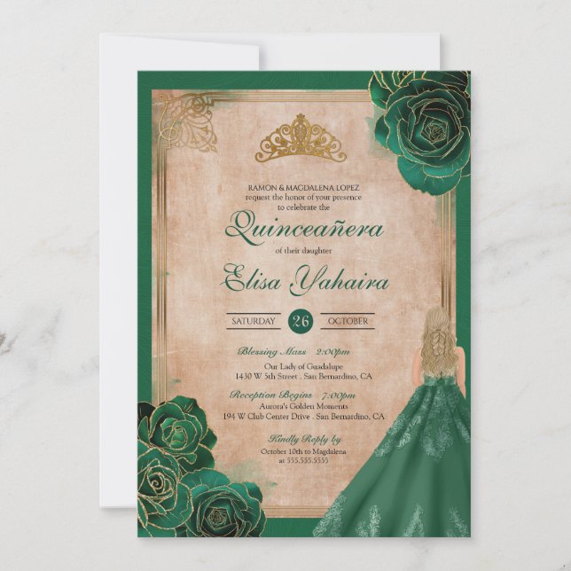Convites Vintage Emerald Green Dourada Rosas Royal Quincean (Frente)