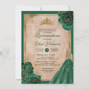 Convites Vintage Emerald Green Dourada Rosas Royal Quincean