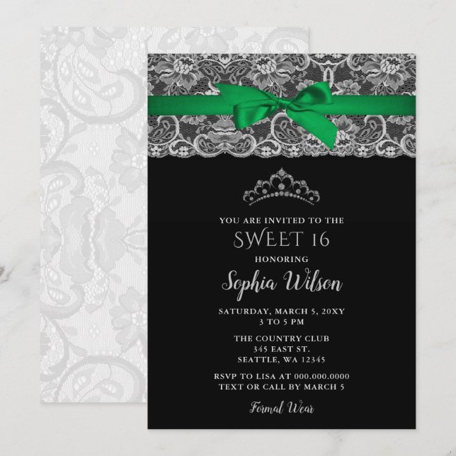 Convites Vintage Emerald Green Ribbon Lace Sweet 16 (Frente/Verso)