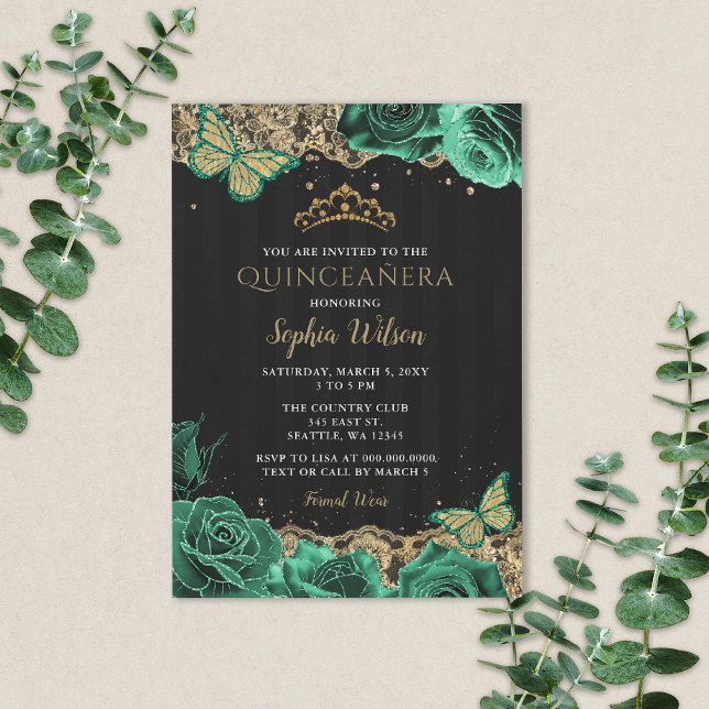 Convites Vintage Emerald Green Rosas Dourados Lace Quinceañ (Green Roses Butterfly Quinceanera Invitation)