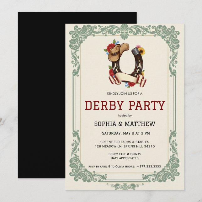 Convites Vintage Equestrian Derby Party Invitation Race  (Frente/Verso)