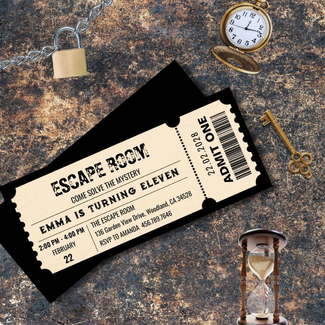 Convites Vintage Escape Room Mystery Birthday Ticket Party (Invitation– Editable Template, Kids Escape Room Birthday Ticket Invitation)