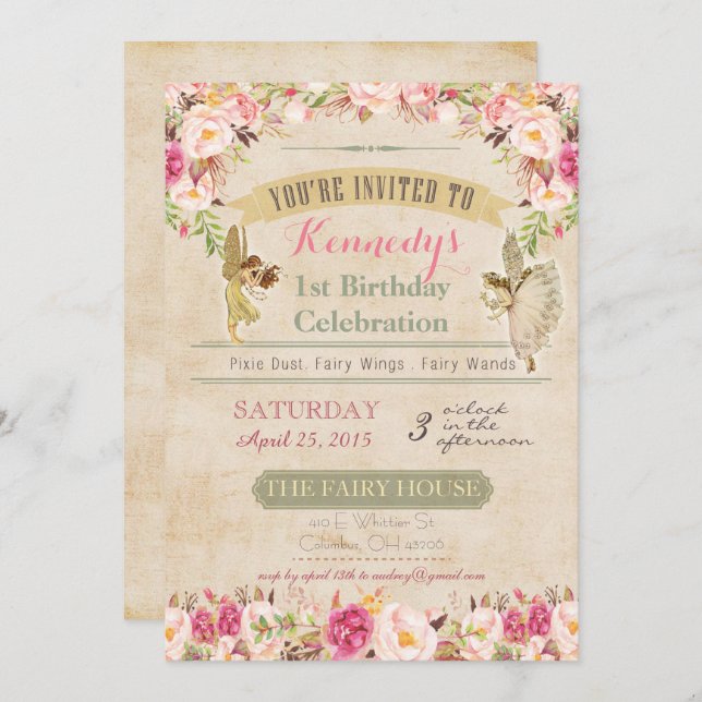 Convites Vintage Fairy First Birthday Invance (Frente/Verso)