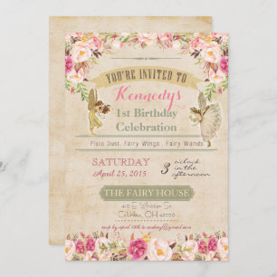 Convites Vintage Fairy First Birthday Invance