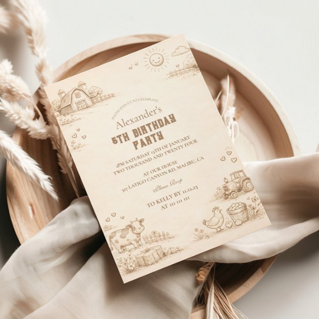 Convites Vintage Farm Sketch Storybook Kids Birthday (Criador carregado)