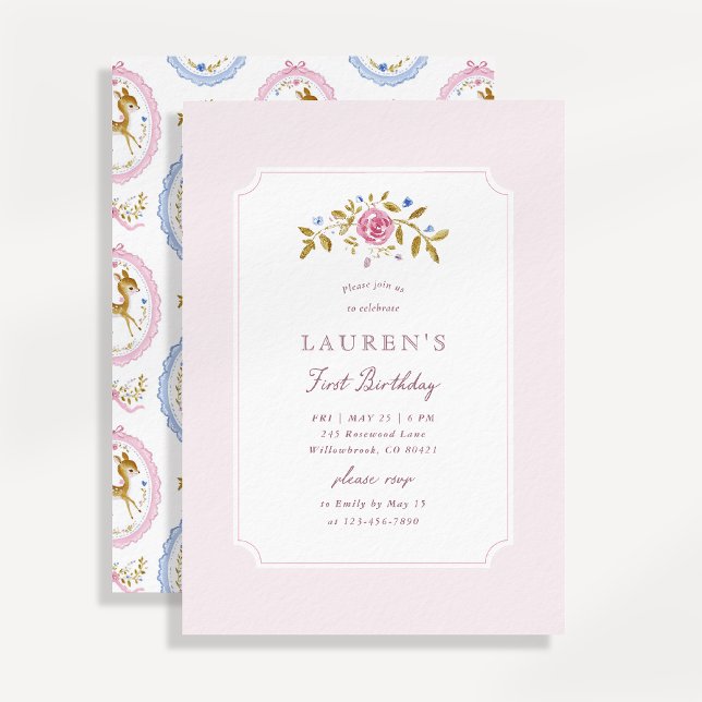 Convites Vintage Fawn Pink First Birthday Invitation (Criador carregado)