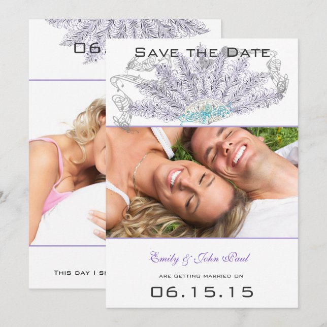 Convites Vintage Feather Fan Casamento Salve a Data (Frente/Verso)