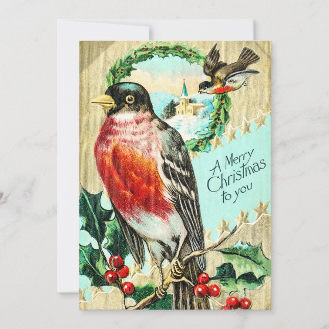 Convites Vintage Felry Christmas Bird Holly (Frente)