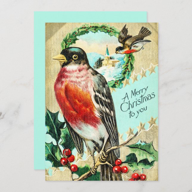 Convites Vintage Felry Christmas Bird Holly (Frente/Verso)