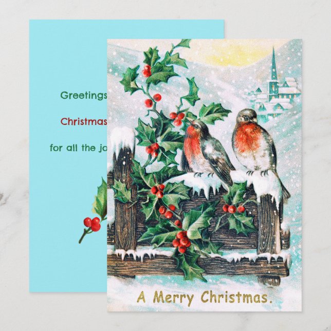 Convites Vintage Felry Christmas Birds Holly (Frente/Verso)