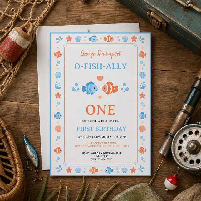 Convites Vintage Fishing Rod O-Fish-Ally One 1st Birthday (Vintage Fishing Rod O-Fish-Ally One 1st Birthday I Invitation
)