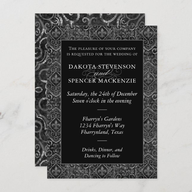 Convites Vintage Fleur de Lis Damask | Casamento Grunge (Frente/Verso)