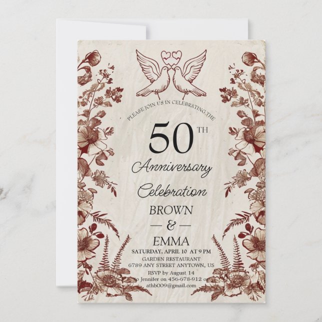Convites Vintage Floral 50th Wedding Anniversary Invitation (Frente)