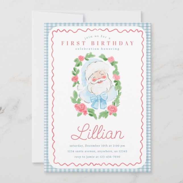 Convites Vintage Floral and Gingham Santa Birthday (Frente)