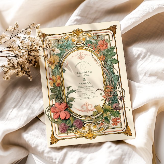 Convites Vintage Floral Art Nouveau Wedding (Criador carregado)
