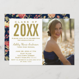 Convites Vintage Floral Azul, Foto Dourada de Festa de form