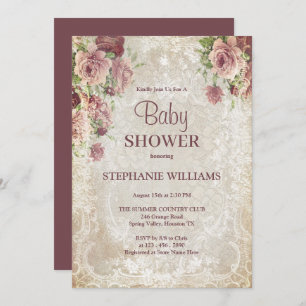 Convites Vintage Floral, Beads & Damask Baby Shower