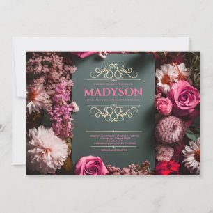 Convites Vintage Floral Black Tie Flourish Pink Bat Mitzvah