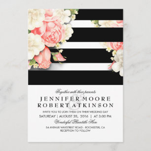 Convites Vintage Floral Black White Stripes Casamento