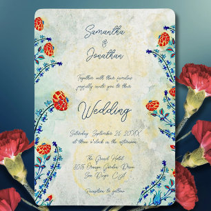 Convites Vintage Floral Blue & Red Weding