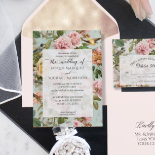 Convites Vintage Floral Blush Amarelo Cor-de-rosa Aves Botâ