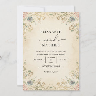 Convites Vintage Floral Border Romance Wedding