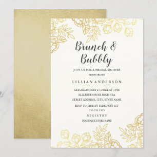 Convites Vintage Floral Brunch E Bubble, Elegante Dourado