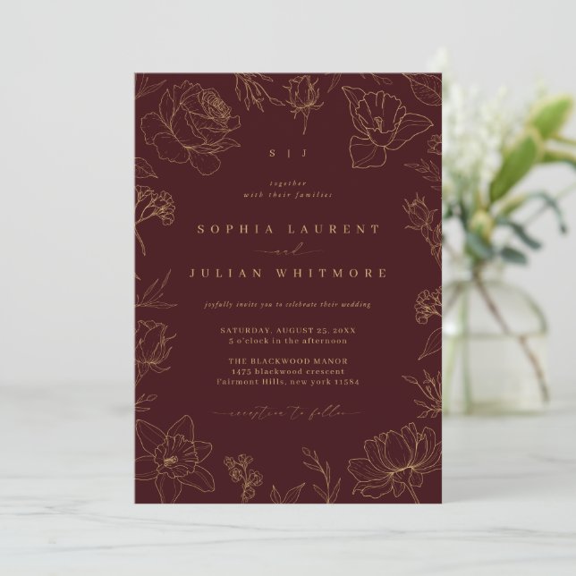 Convites Vintage Floral Burgundy & Gold Garden Wedding (Em pé/Frente)