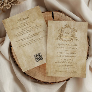 Convites Vintage Floral Crest Código QR All-In-One Wedding