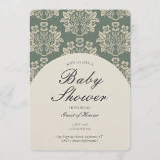 Convites Vintage Floral Damask Baby Shower Green Beige