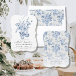 Convites Vintage Floral Elegante Azul n Chá de panela Branc