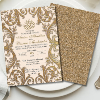 Convites Vintage Floral Islamic Beige e Dourado Casamento