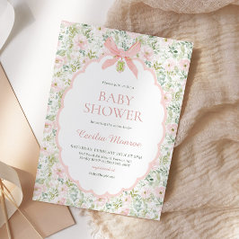 Convites Vintage Floral Pink Bow Girl Baby Shower