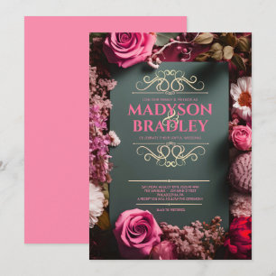 Convites Vintage Floral Pink Negro Livro de Histórias Casad