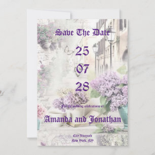 Convites Vintage Floral Purple Salve a placa de data