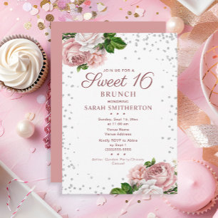 Convites Vintage Floral Sweet 16 Brunch - Blush Elegante Ro