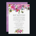 Convites Vintage Floral Watercolor Bat Mitzvah<br><div class="desc">Pêonias cor-de-rosa pinceladas,  convites de morcegos florais com acentos de verde roxo e sábio.</div>