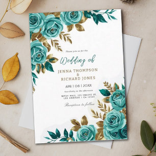 Convites Vintage Floral Watercolor Dourado Casamento Teal