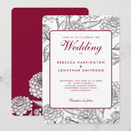 Convites Vintage Floral Wine Red Wedation Card