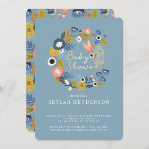 Convites Vintage Floral Wreath Birdcage Mãe e Pássaro Bebê