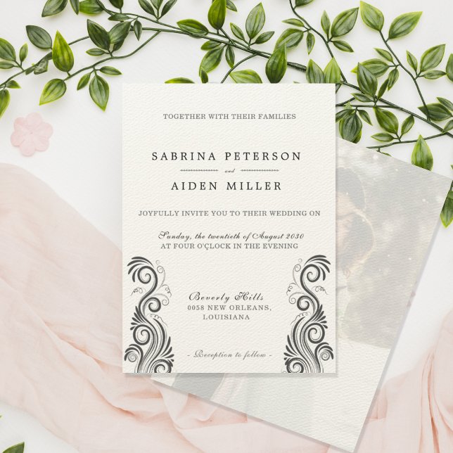 Convites Vintage Flourish Black Monograma Foto Casamento (Criador carregado)