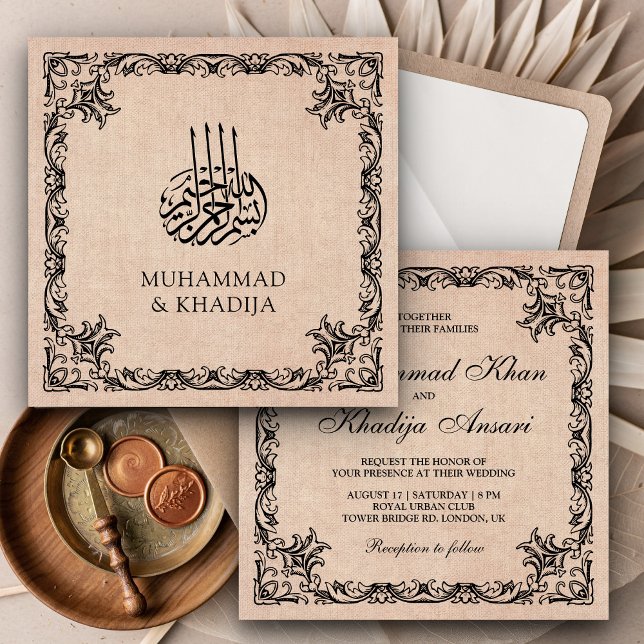 Convites Vintage Flourish Border Burlap Casamento Islâmico (Criador carregado)