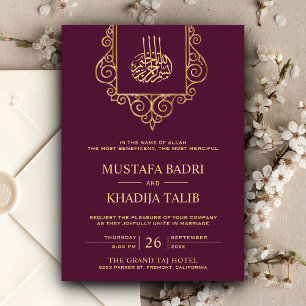 Convites Vintage Flourish Dourada Plum Casamento Islâmico