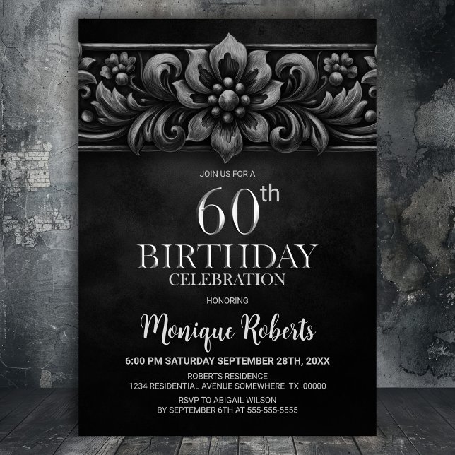 Convites Vintage Flower Black 60th Birthday Party (Criador carregado)