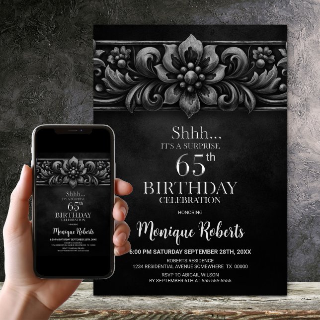 Convites Vintage Flower Black Surprise 65th Birthday Party (Criador carregado)