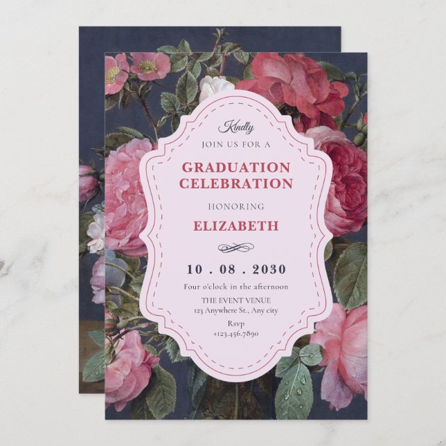 Convites Vintage flower bouquet art graduation (Frente/Verso)